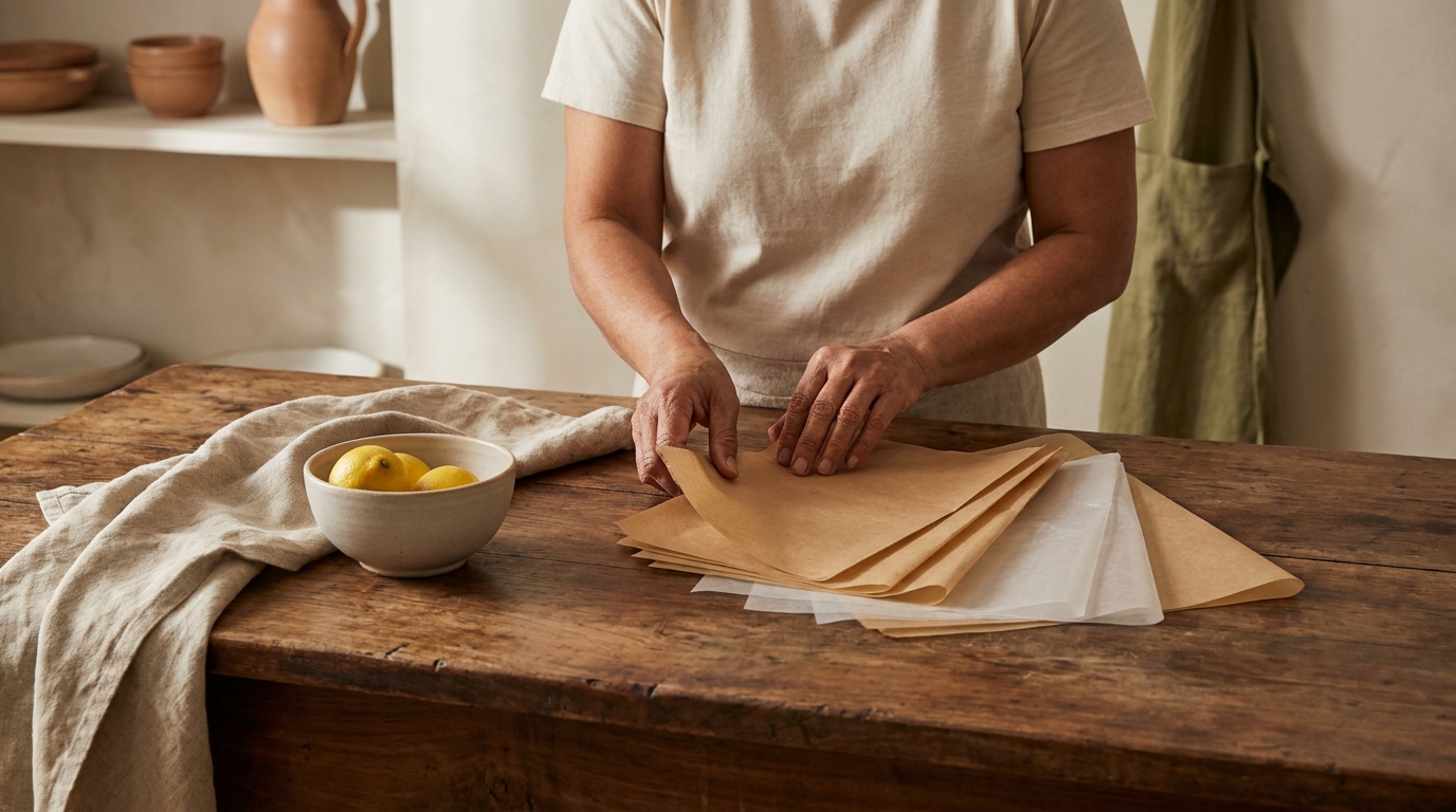 Petey Filipina cook arranging parchment and wax paper sheets on a worn walnut wood counter with linen cloth in a minimalist rustic European kitchen