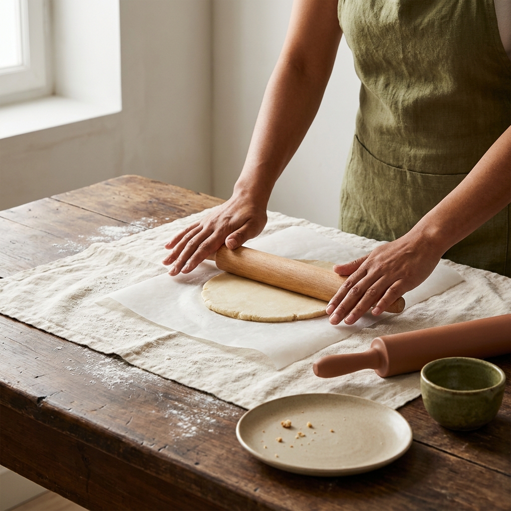 Close up full frame of Petey a Filipina cook hands rolling dough between wax paper sheets with a rolling pin on a worn walnut wood surface in a rustic European kitchen linen backdrop
