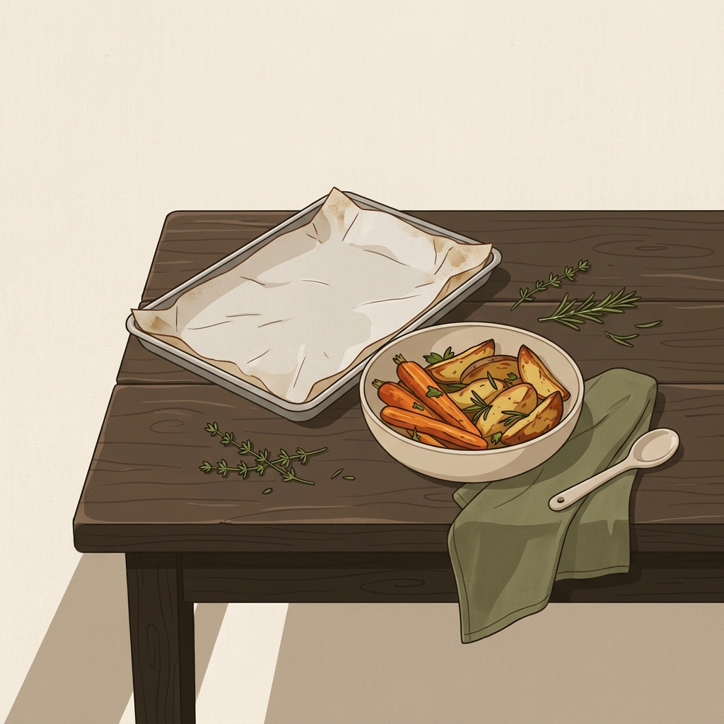 Parchment lined baking sheet beside roasted vegetables on a worn wood table in a rustic kitchen