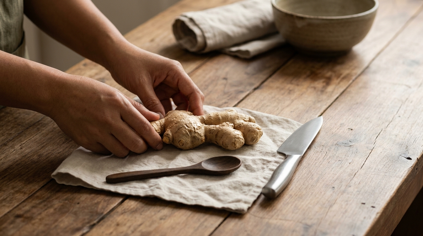 Petey hands on a wooden counter with a knobby ginger root a spoon and a chef knife in a minimalist European kitchen