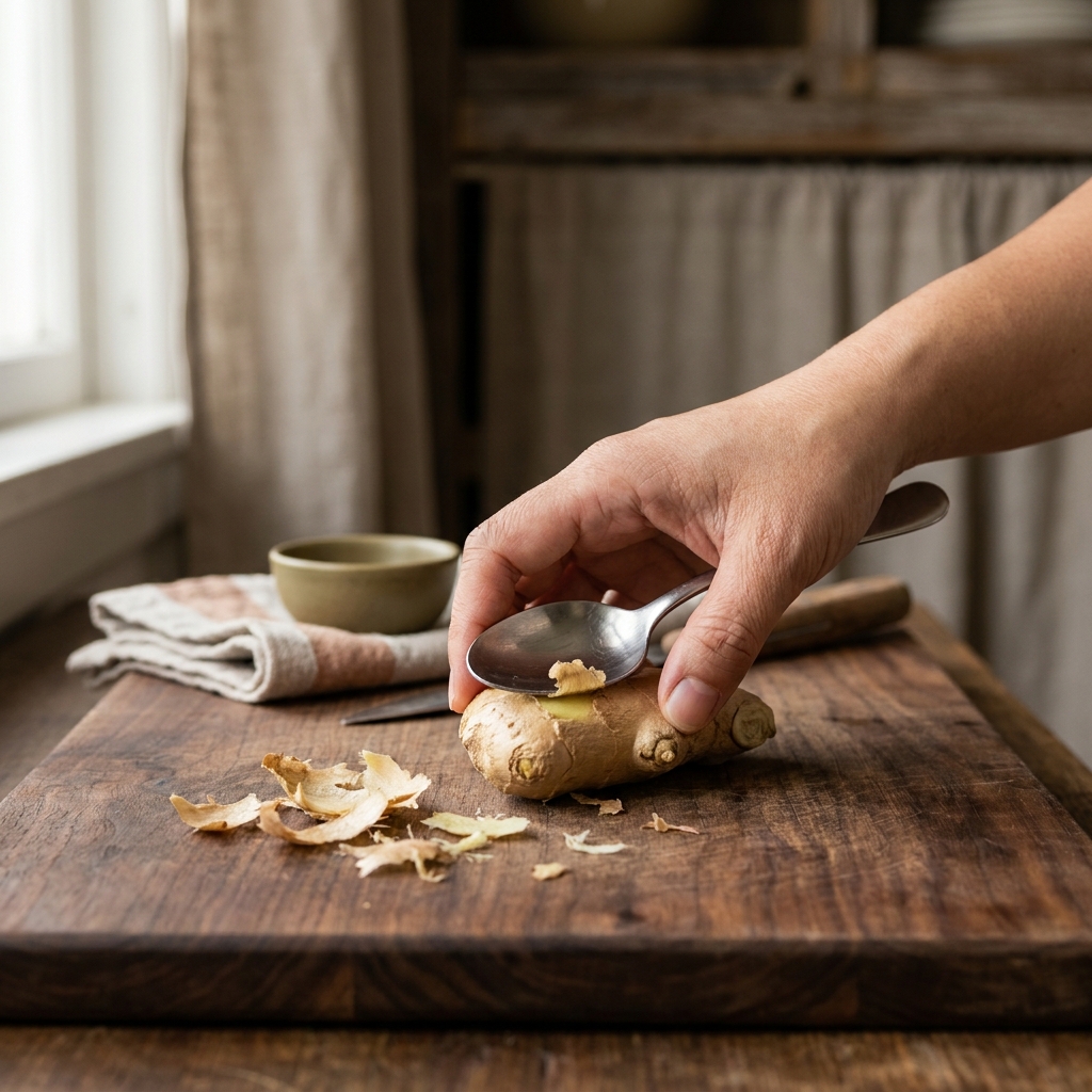 Close up of Petey a Filipina cook scraping ginger skin with the edge of a spoon over a walnut wooden board in a rustic European kitchen