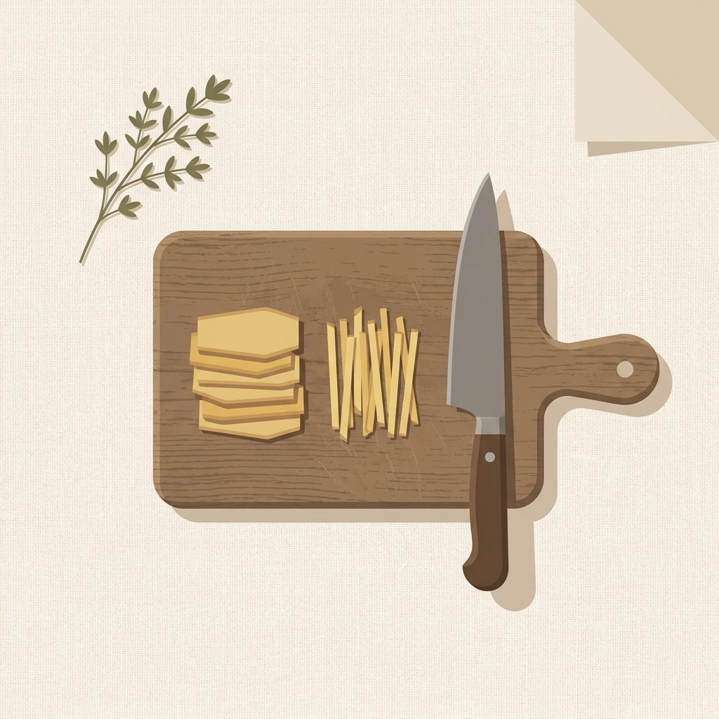 Thin ginger planks and matchsticks beside an unbranded chef knife on a worn wood cutting board in a minimalist 2D vector style