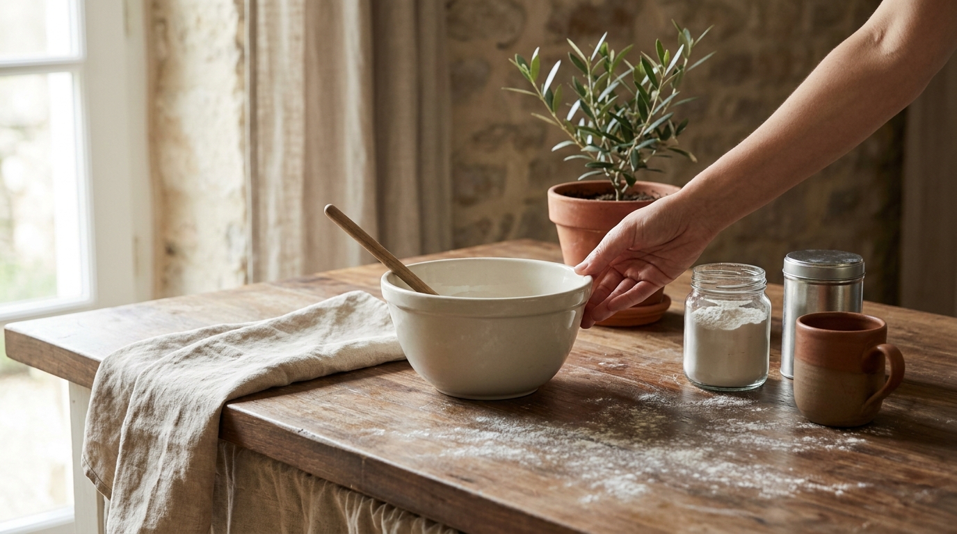 Petey at a floured walnut counter in a rustic European kitchen with unlabelled jars