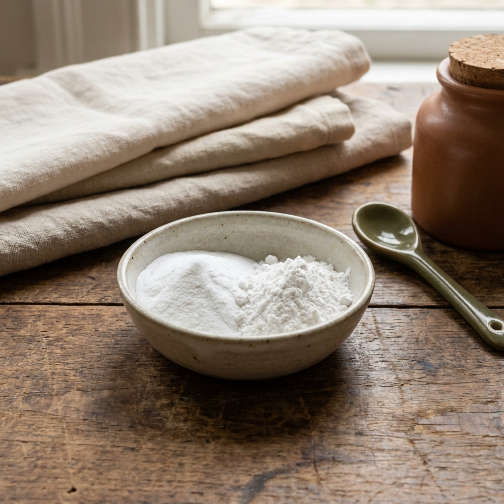Close up bowl with baking soda and cream of tartar on walnut counter