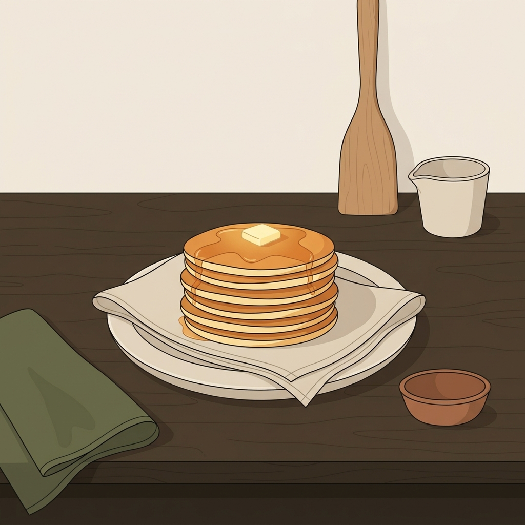 Stack of golden browned pancakes on a linen cloth on a worn walnut wood countertop in a rustic European kitchen using brand palette Linen Walnut Olive Clay Oat