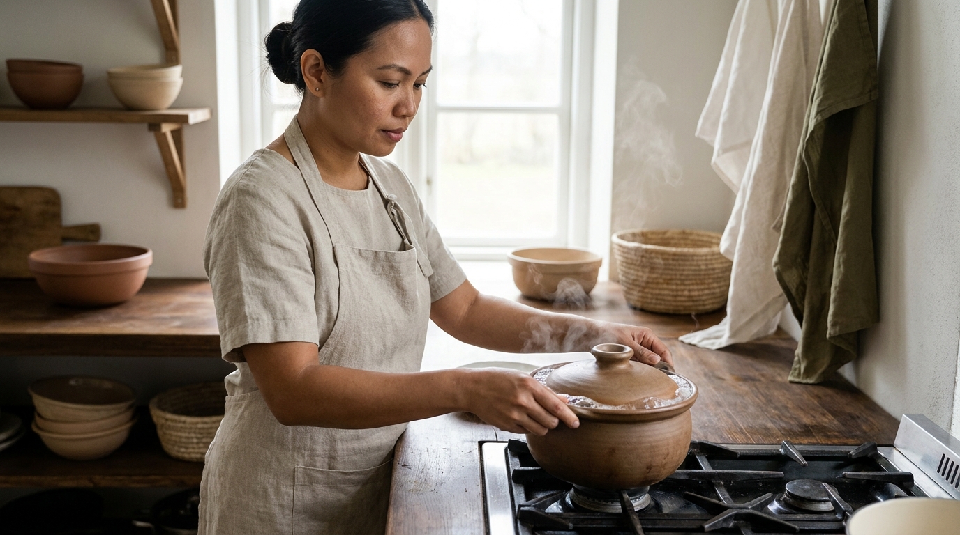 Petey a Filipina cook in a rustic European kitchen watching a pot with gentle edge bubbles and soft steam over low heat