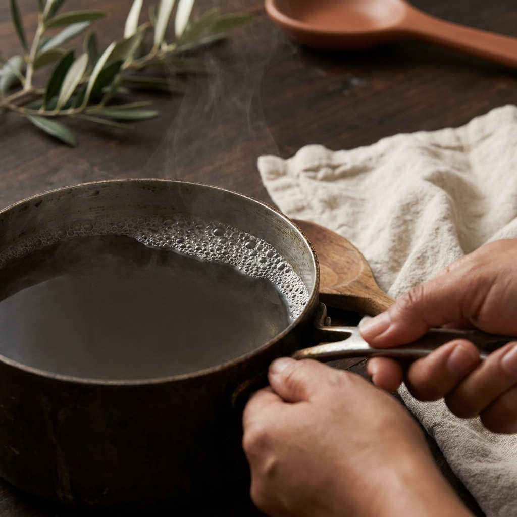 Close up full frame of a saucepan rim with small bubbles clustered at the edge faint steam on a worn walnut wood surface linen cloth and a visible hand steadying the pan