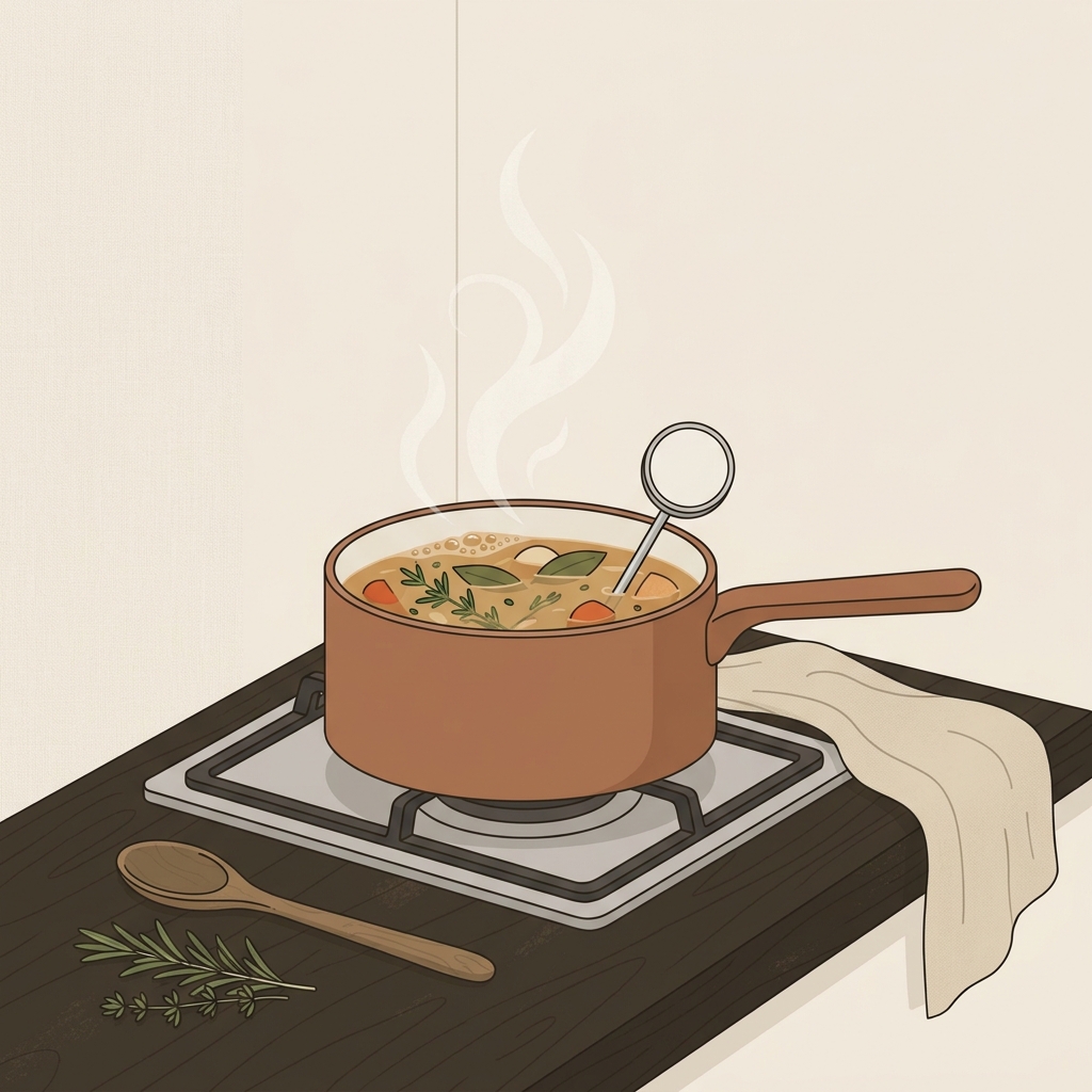 A simmering pot with an instant read thermometer resting on the rim in a rustic European kitchen