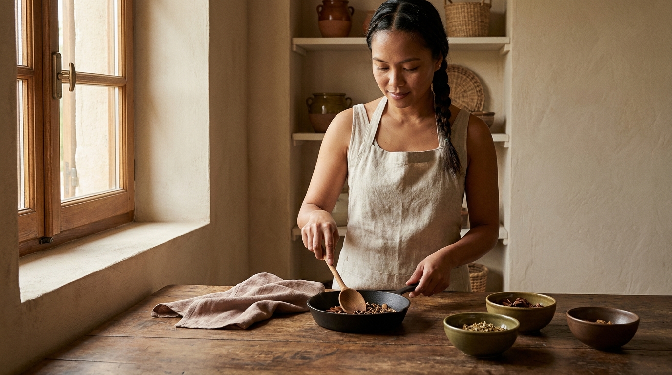 Petey preparing a small skillet of spices blooming in oil on a worn wood stove in a minimalist rustic European kitchen