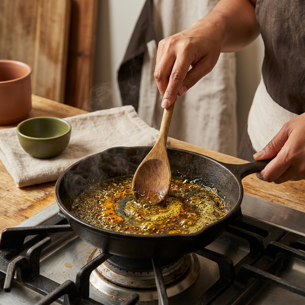 Full frame close up of a small pan with oil and ground spices blooming on a stove Petey a Filipina cook holds a wooden spoon beside the pan in a rustic European kitchen with linen and worn wood accents