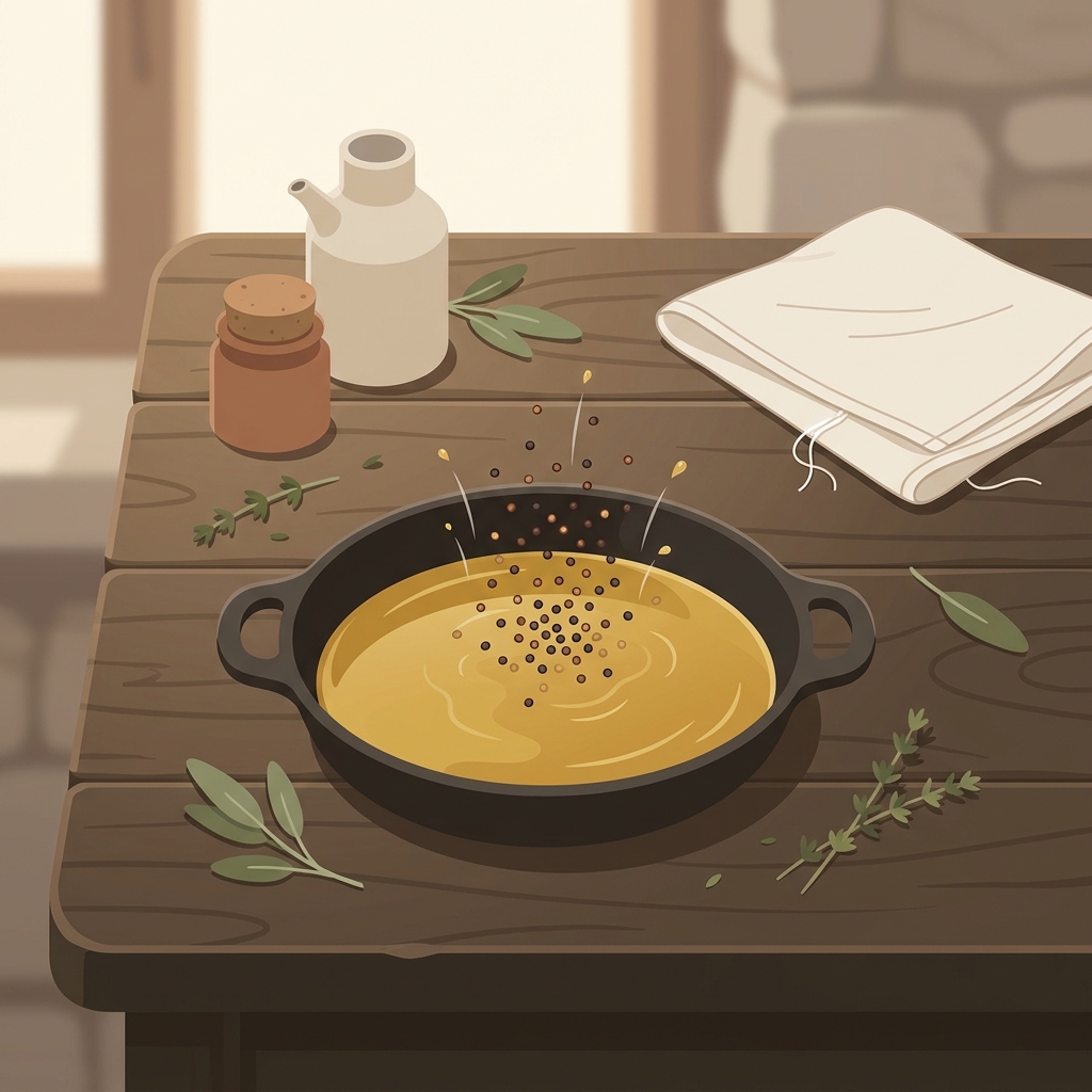 A small skillet with mustard seeds popping in hot oil on a worn wooden table in a rustic European kitchen