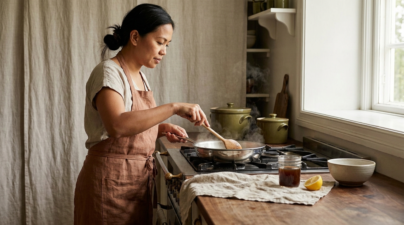 Petey in a rustic European kitchen deglazing a stainless steel skillet with a wedge of lemon and jar of stock on worn wood surfaces