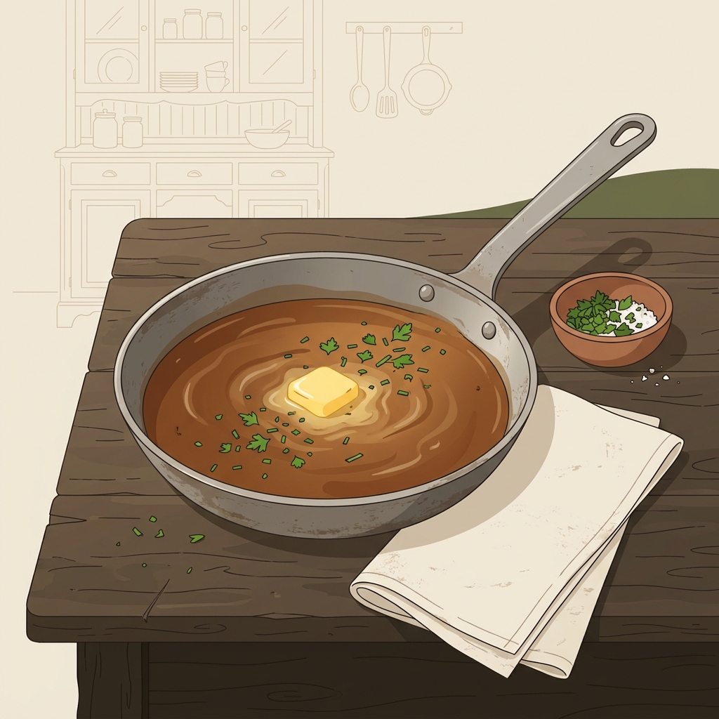 A skillet pan sauce finished with a pat of butter and chopped herbs on a worn wood counter with linen backdrop in a rustic European kitchen