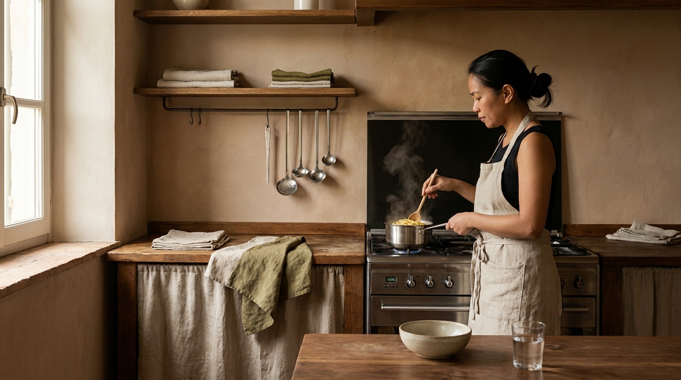 Filipina cook Petey stirring steaming pasta on stove in a sunlit rustic European kitchen with worn wood and linen accents