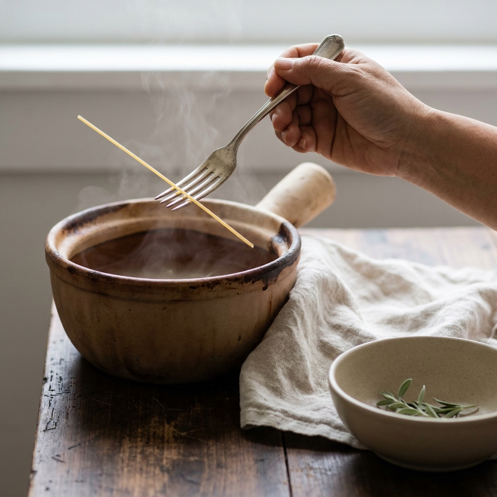 Close up of Petey hand holding a fork lifting a strand of dried spaghetti over a saucepan in a rustic European kitchen with linen and worn wood backgrounds