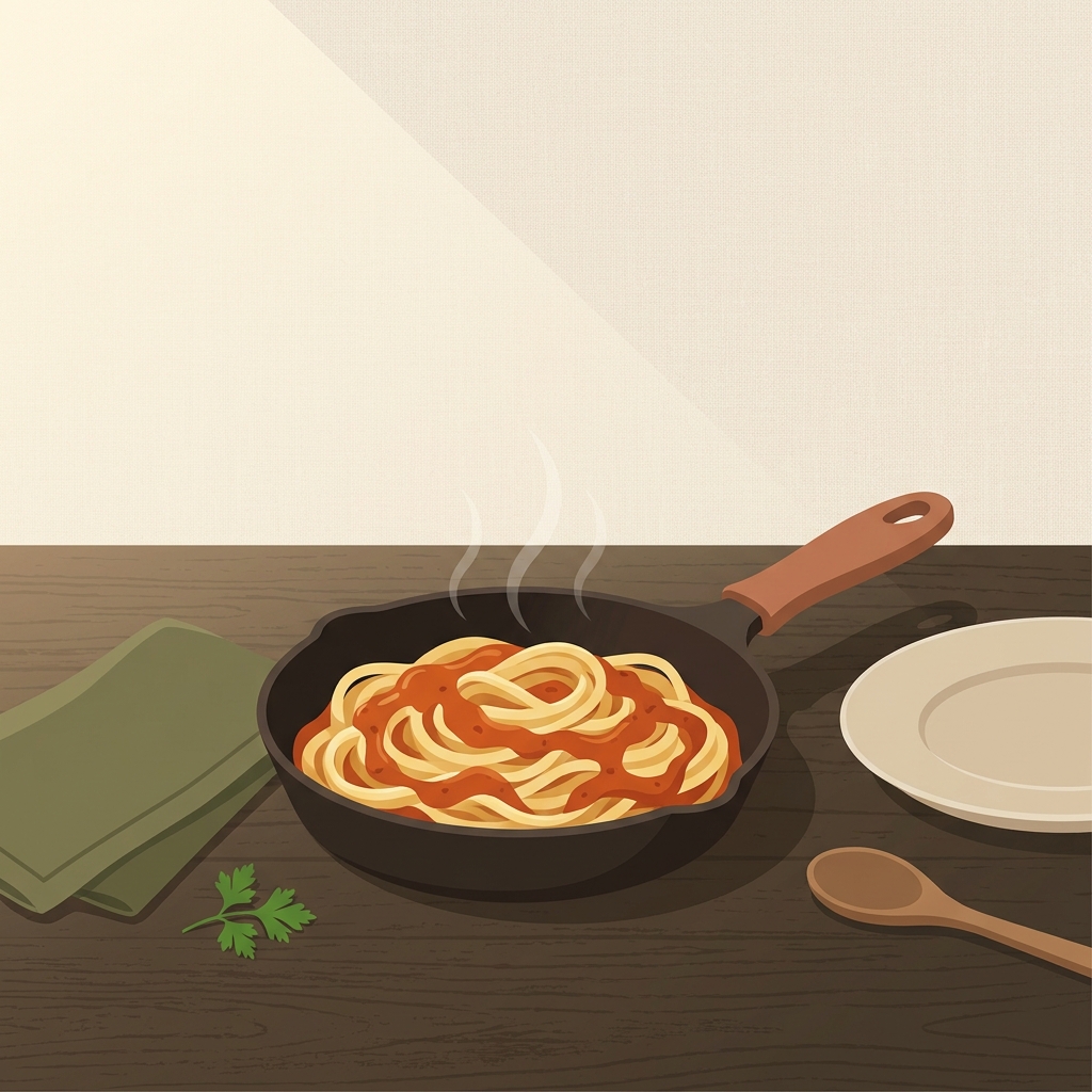 Minimal 2D vector of a skillet finishing pasta in tomato based sauce with gentle steam on a worn walnut wood surface in a rustic European kitchen
