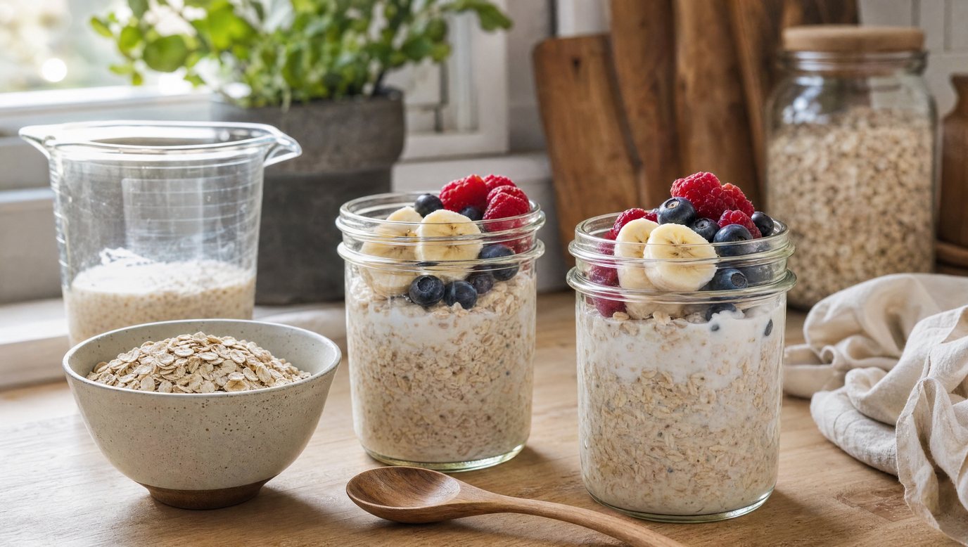 Jars of overnight oats topped with berries and banana beside a bowl of rolled oats on a wooden kitchen counter