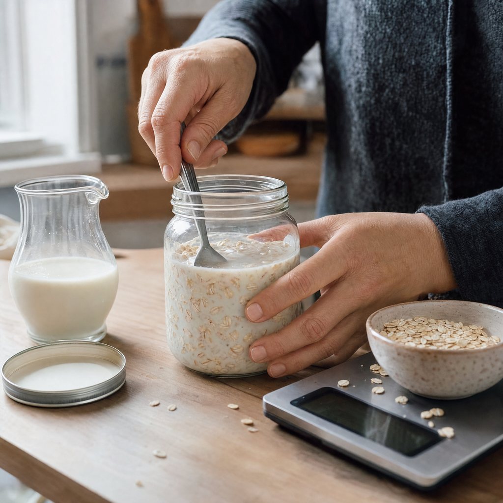 Hands stirring rolled oats and milk together in a glass jar beside a kitchen scale and a small jug of milk