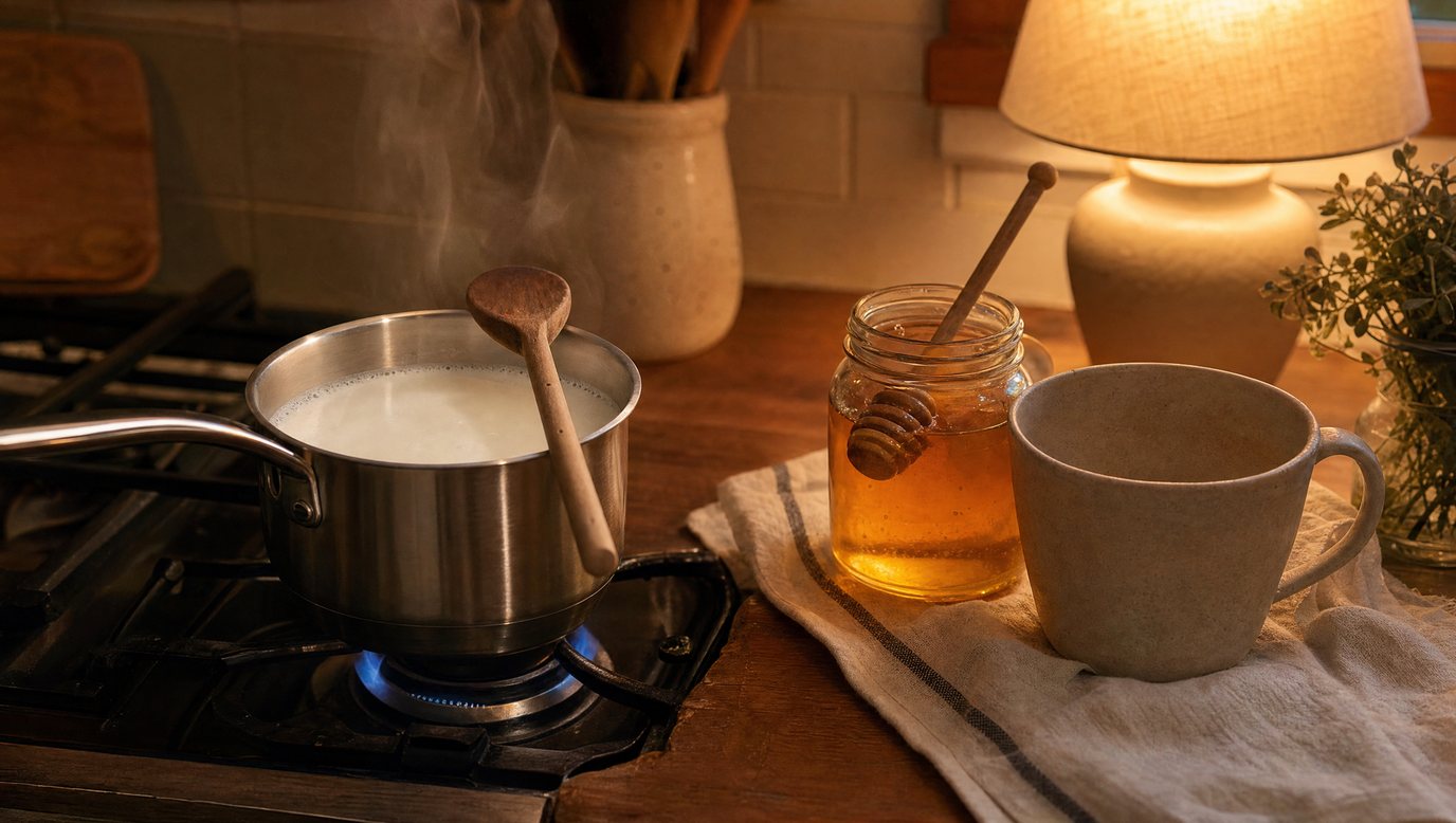 A small saucepan of milk warming on a gas hob beside a jar of honey and a ceramic mug in warm evening lamp light