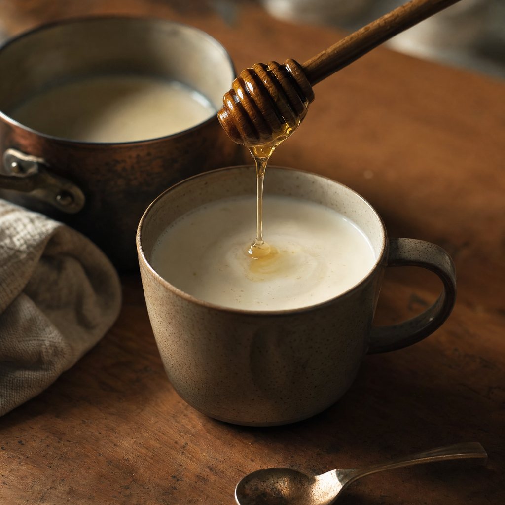 Honey drizzled from a wooden dipper into a ceramic mug of warm milk on a wooden counter